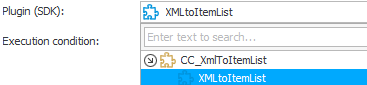 Custom action XMLtoItemList is selected from plugin CC_XmlToItemList
