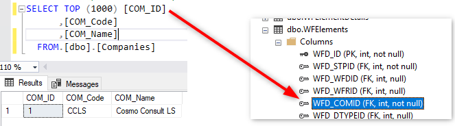 The id of a company is stored in an own column WFD_COMID for each created workflow instance.