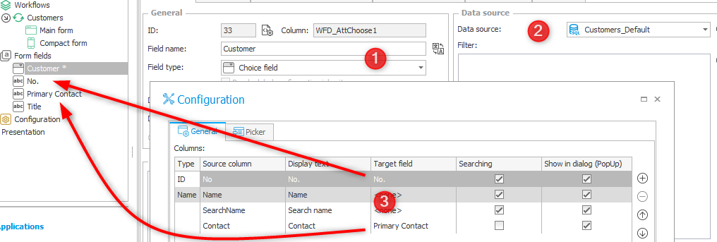 Configuration of a choice field which copies No. and Contract to other fields.