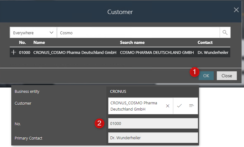 Once a customer is selected (1) the values are copied (2).