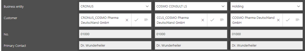 Depending on the selected business entity, different customers are available.