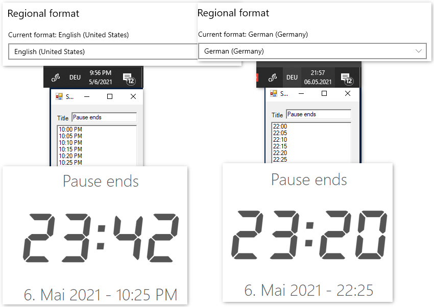 Depending on the regional settings 12-hour or 24-hour format is used.