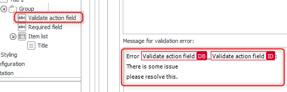 A `Validate form` action message containing the field on which set focus should be executed. 