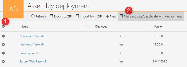 You can quickly trigger the deployment/removal for multiple assemblies from the report.