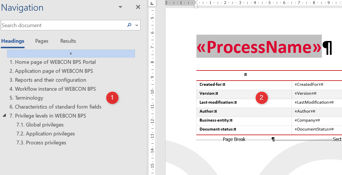 The default documentation (1) as well as populated placeholders (2) will be part of every created documentation.