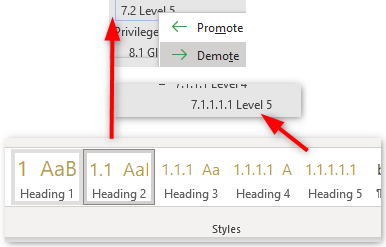 After demoting a heading to level five, `Heading 5` will be displayed.