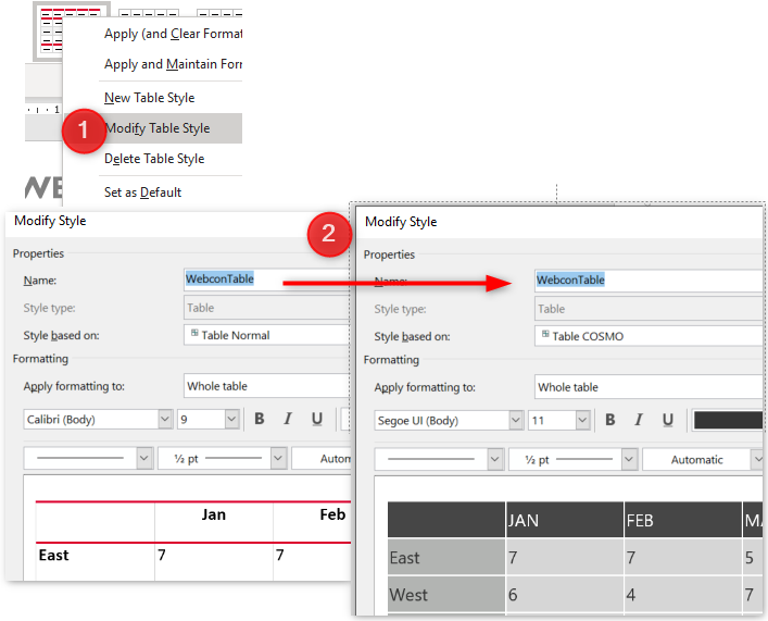 The table design `WebconTable` is applied to each generated table.