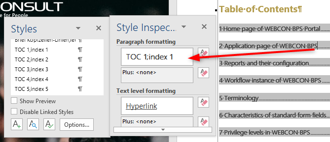 A heading 1 table of content entry is styled according to the `TOC 1;index 1` style.