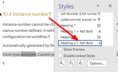 The instance number heading is always styled as not bold. Your style definition gets overridden.