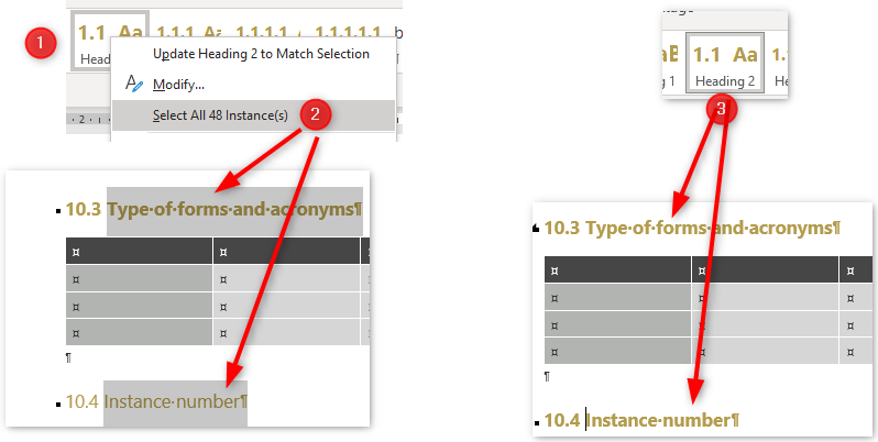 You can select all occurrences of a style and apply a style. This will override any custom style settings.