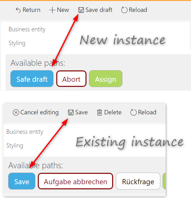 The user can always save a new or an existing instance from the toolbar or the available paths area. 