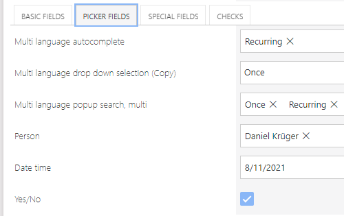 Three tabs for testing fields