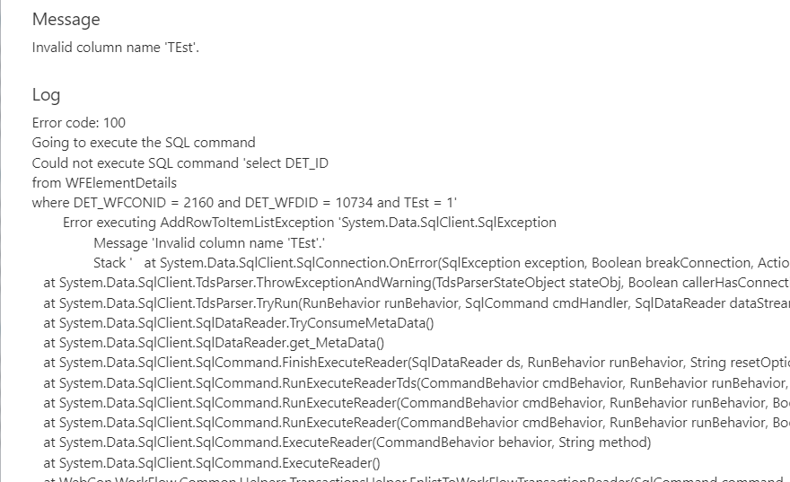 Log example when there's an error in the SQL command.