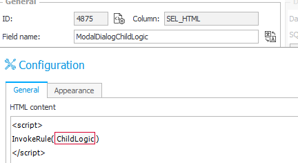 HTML field for child dialog logic.