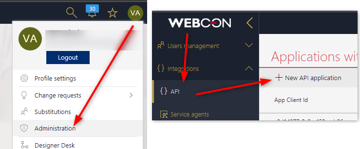 UI navigation for adding a new API application.