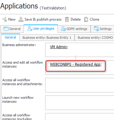 The created application has edit all permissions on the process level.