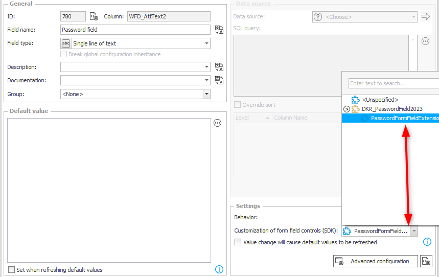 Selecting the form field extension