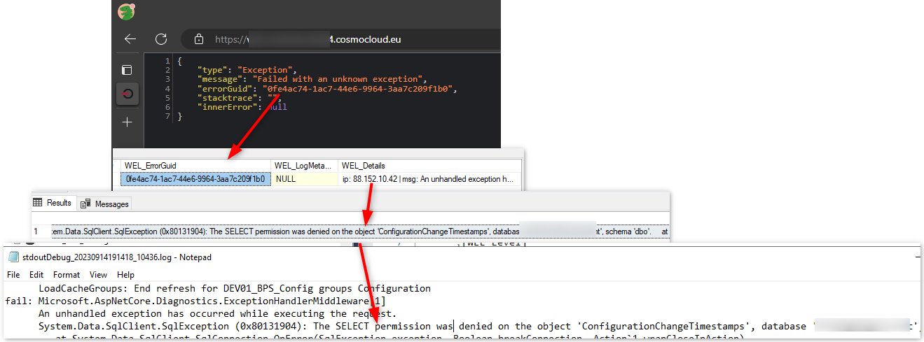 Error GUID can be found in this table.