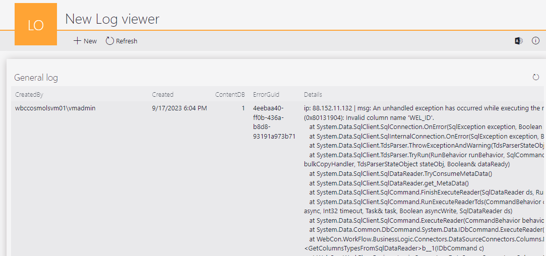 A `Log viewer` process with a data table