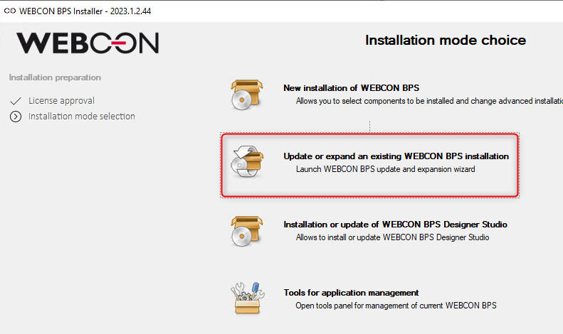 Select the `Update or expand existing WEBCON BPS installation` to upgrade the database version.