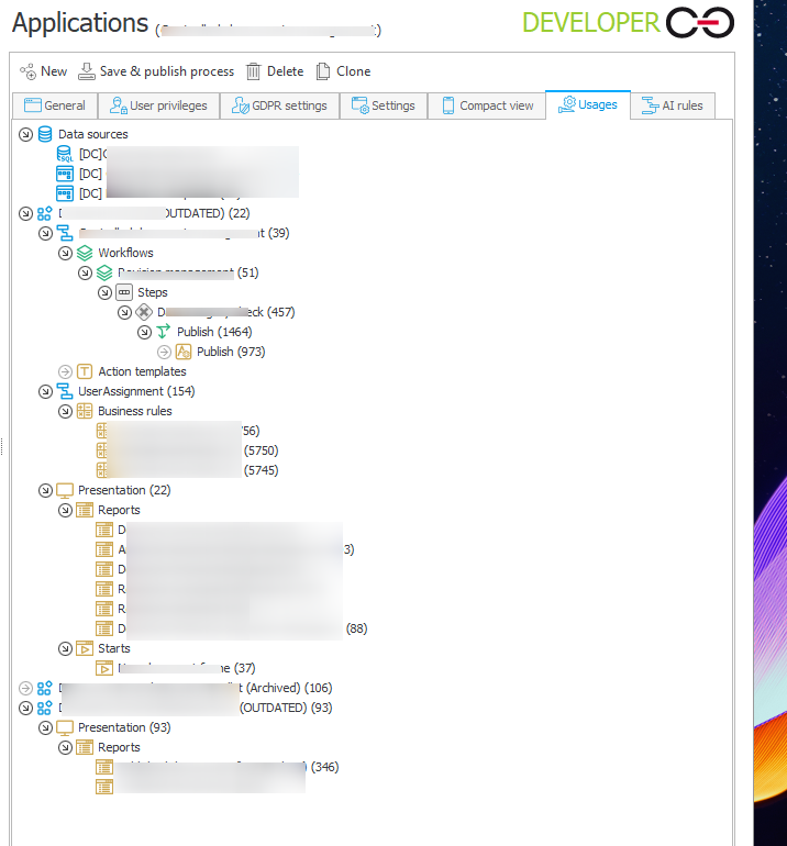 Process usage in a complex application.