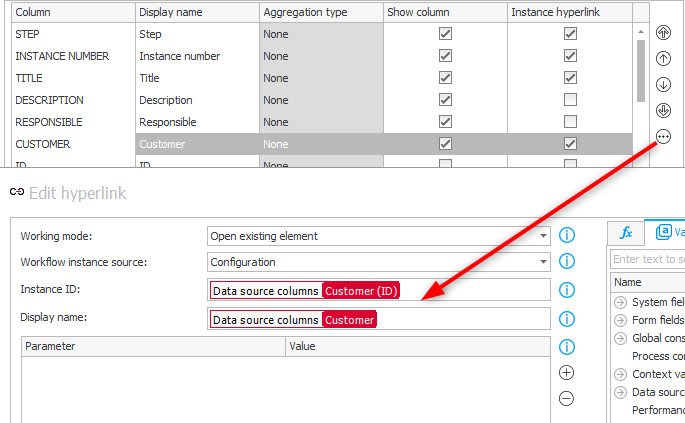 Three dots button open the hyperlink configuration.