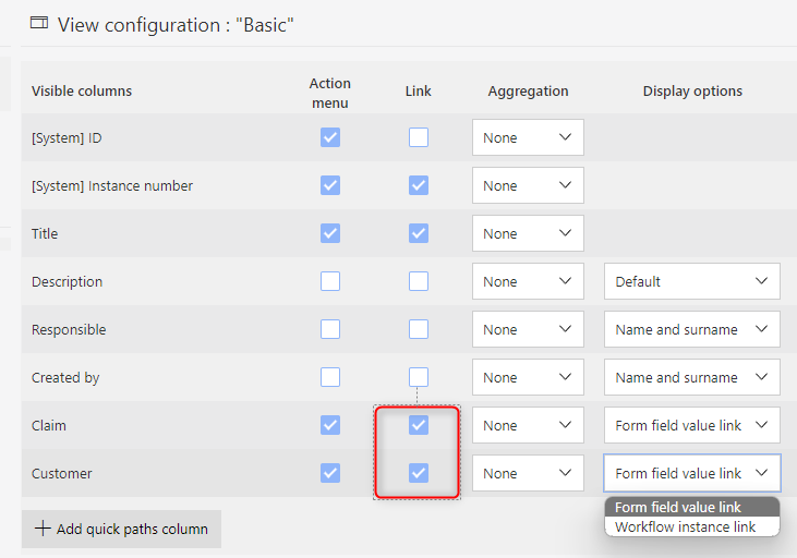 Link option is only available for configured choose fields.