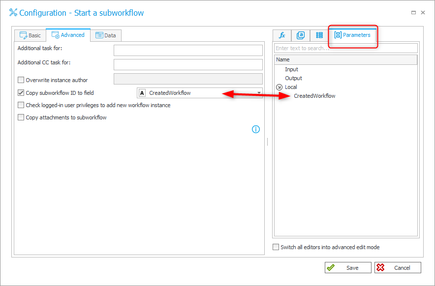 Storing the id of the started subworkflow in a local parameter