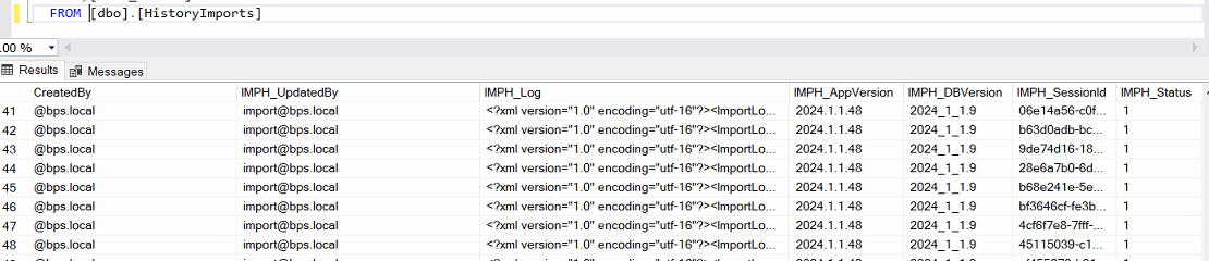 The `HistoryImports` table stores the import session id.