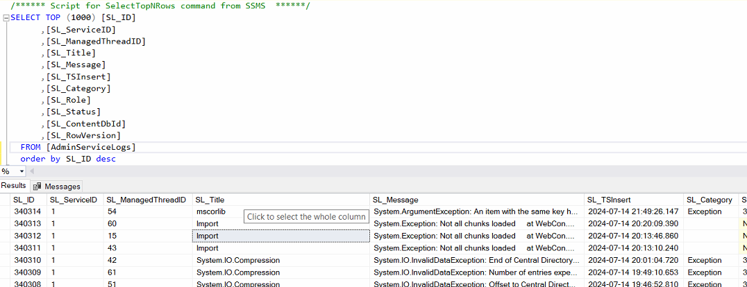 The AdminServiceLogs will have more information if the status returns with `Error`.