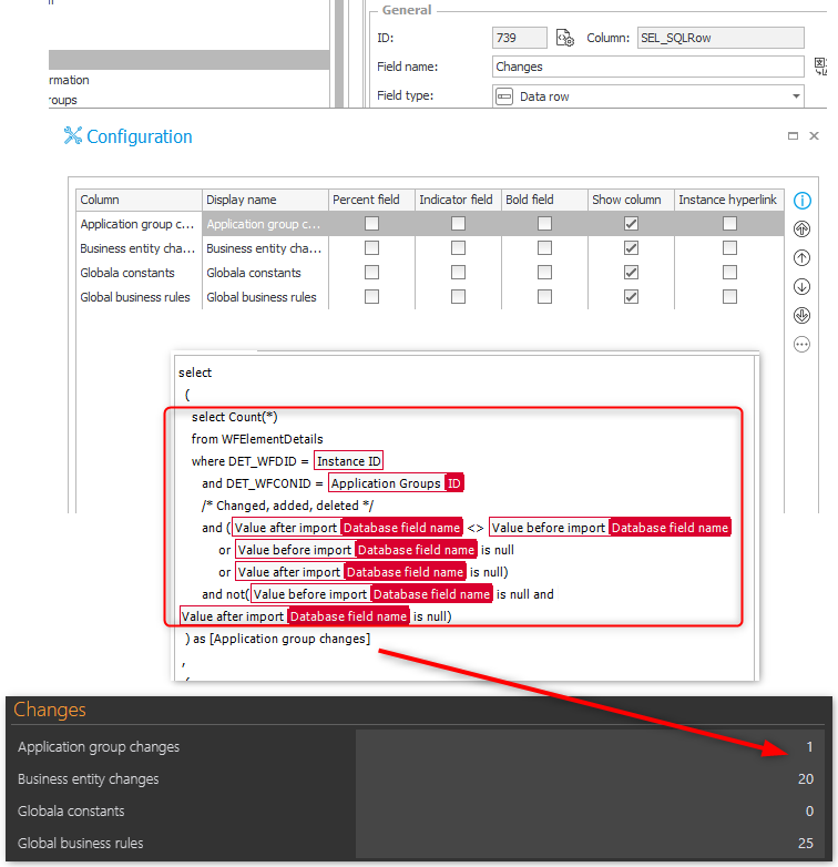 The change overview uses a data row to display the number of changes