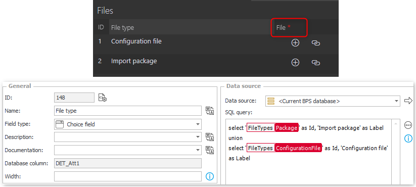 File type configuration in the files item list