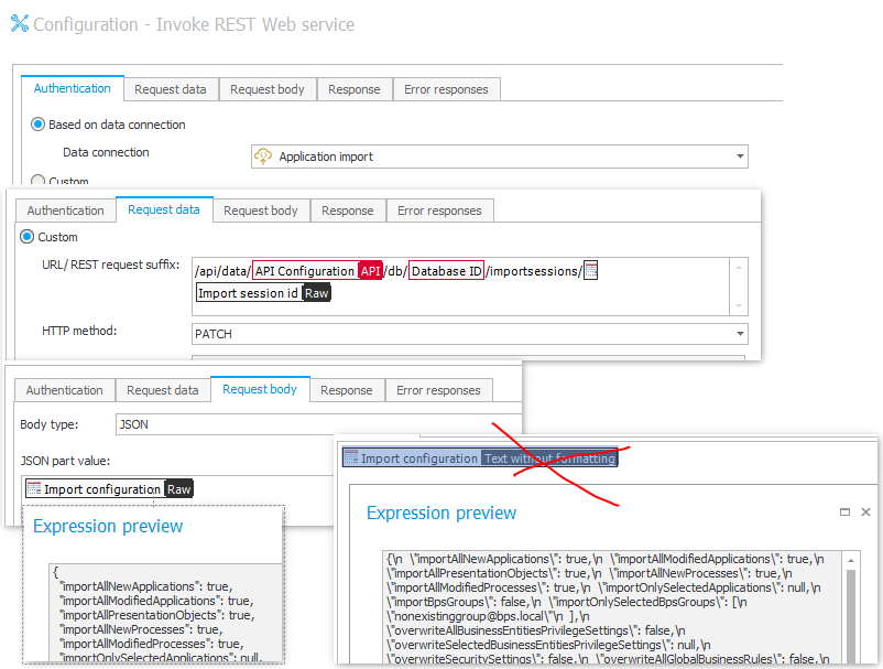 Action configuration for uploading the import configuration.