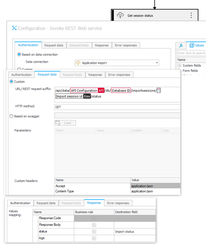 Action configuration for polling the import status.