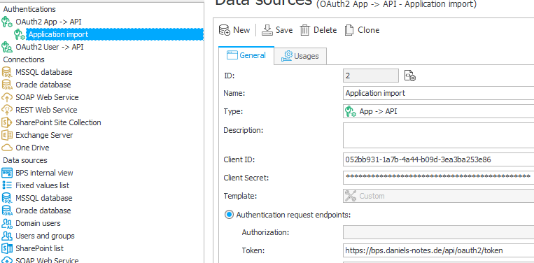 OAuth2 App -> API configuration to be used in the REST actions 