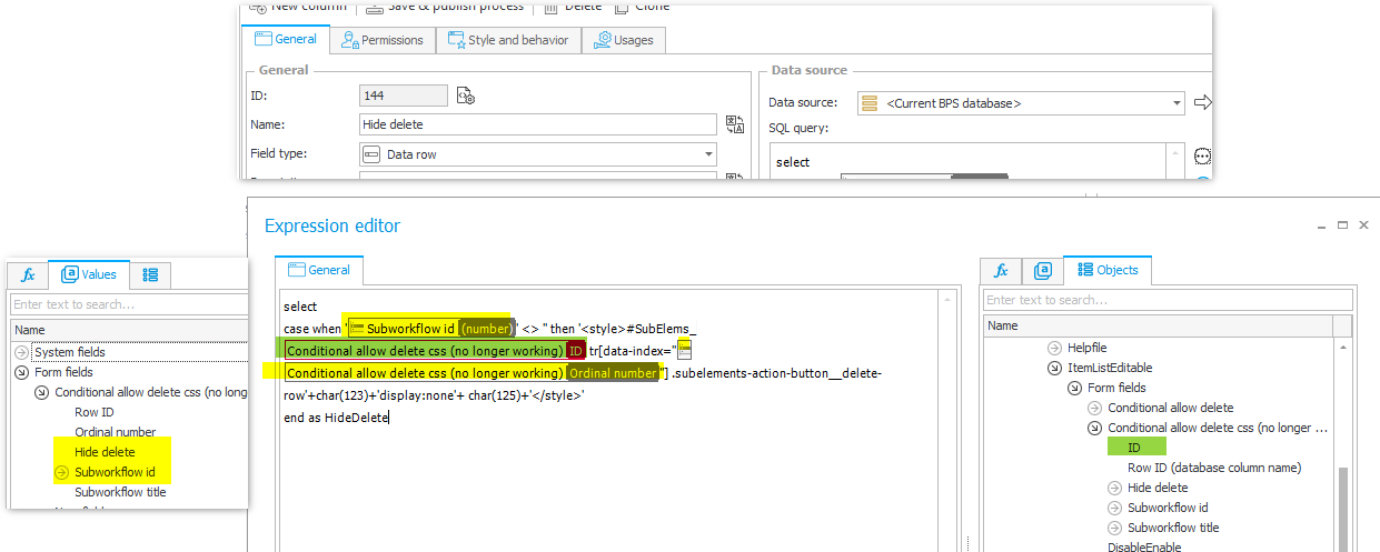 Data row definition to hide the delete action.