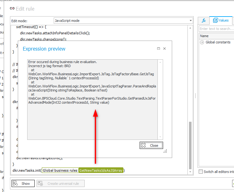 Using business rules directly in a JS form rule causes an error in 2023.1.3.202