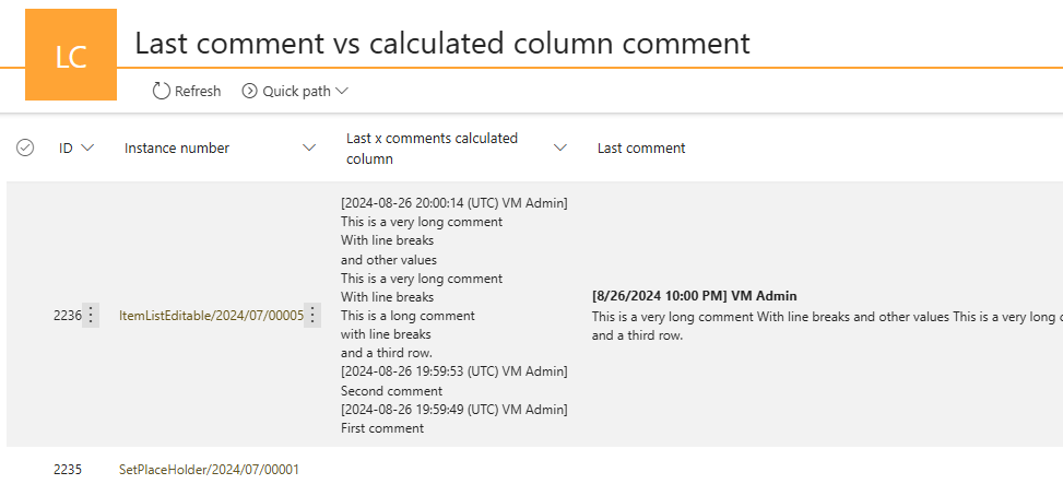 The rendering of the last comment vs calculated column.