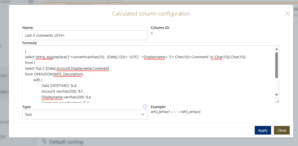 The calculated column includes the starting and ending brackets.