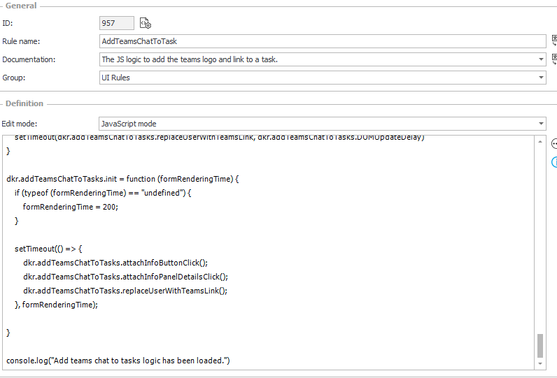 A global form rule for the JavaScript adding the team task.