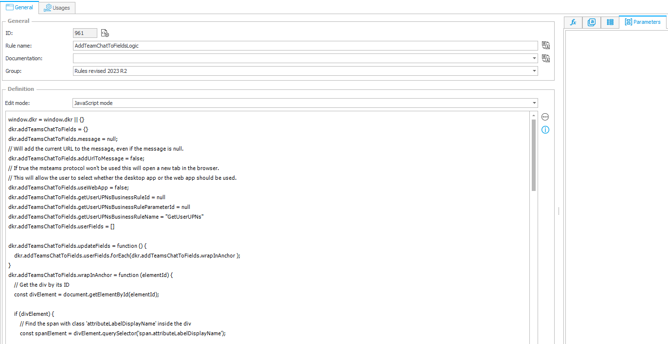 A global form rule responsible for adding the Teams link to a label.