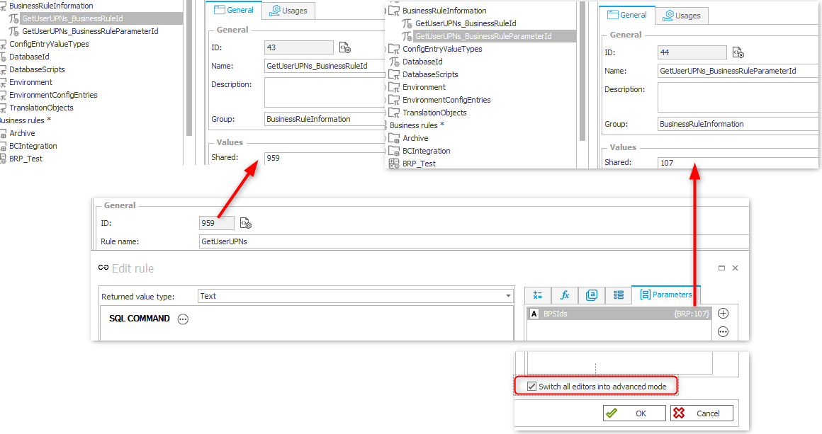 The advanced mode shows the parameter id which can be stored in the global constant.