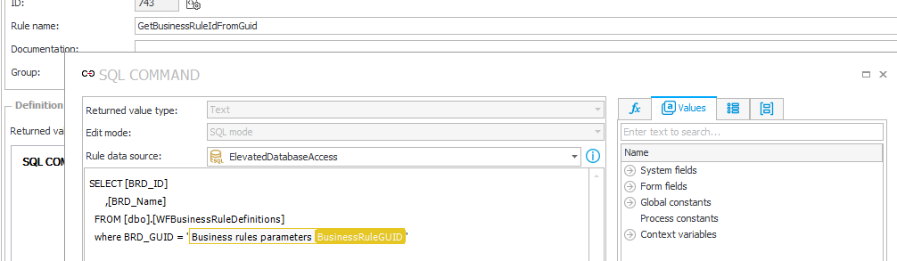 Example business rule to which a business rule GUID is passed and which returns it's integer id.