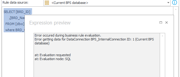 The `Current database connection` data source throws an error when the tables should be read.