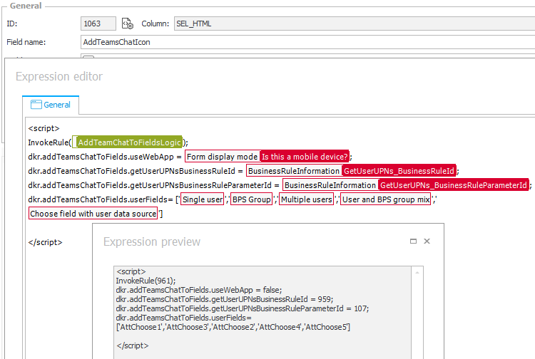 The HTML field with the JavaScript configuration.