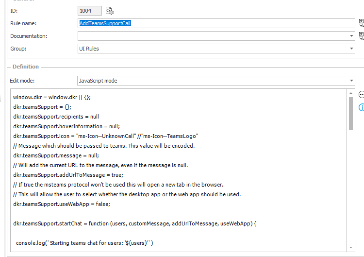 A global form rule responsible for adding the Teams support link to the toolbar.