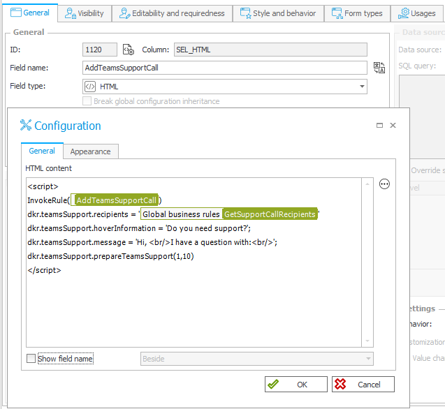 The HTML field for adding the Teams support button to the toolbar.