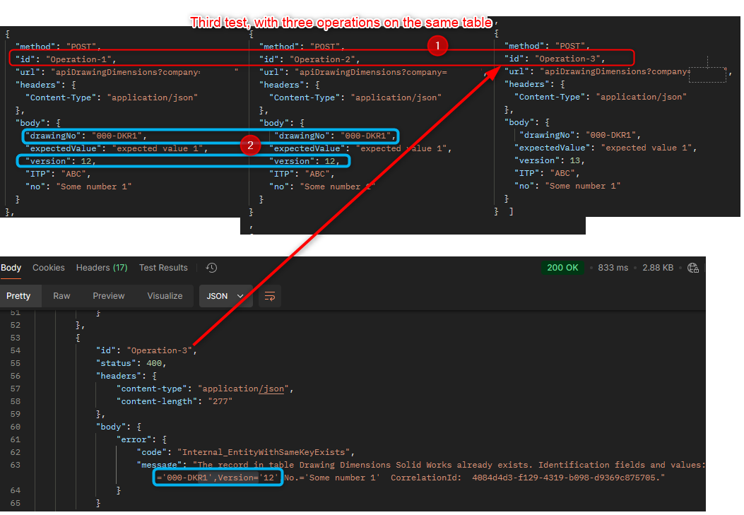 Result of the $batch transaction with three requests 