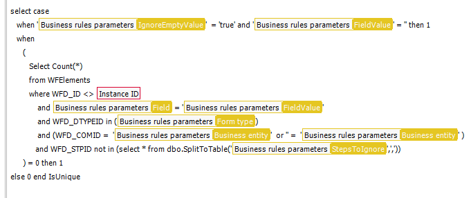 The SQL command and parameter assignment of the business rule.