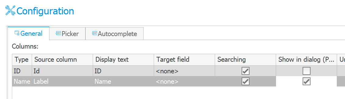 Configure the columns for the fields.